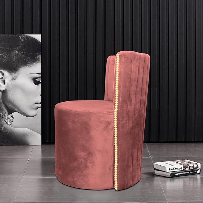 Luxury Velvet Ottoman Chair Pouffe Stool | Modern Round Soft-Padded Seating with Backrest for Living Room, Dining Room, Bedroom, Cafeteria & Dressing Area | Elegant Upholstered Chair (Pink)