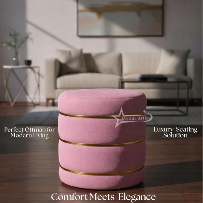 Wooden Puffy Round Footstool and Ottoman Stool for Living Room Furnishings, Sitting Pouffe Ottoman Stool, Office Stool, and Room Decor (Pink)