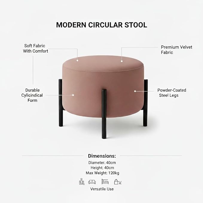 Jaico Modern Round Ottoman Footstool | Pink Upholstered Pouf with Black Metal Legs, Minimalist Accent Stool for Living Room or Bedroom