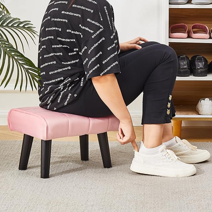 Modern Ottoman Footrest Stool, Quilted Velvet Upholstery, Black Wooden Legs, Living Room Furniture (Pink, Pack of 1, Rectangular)