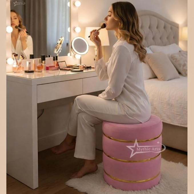 Wooden Puffy Round Footstool and Ottoman Stool for Living Room Furnishings, Sitting Pouffe Ottoman Stool, Office Stool, and Room Decor (Pink)