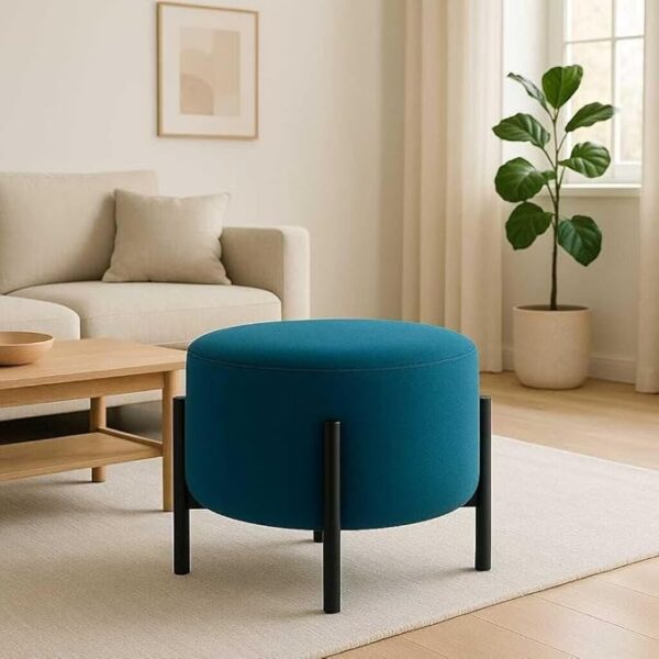Jaico Modern Round Ottoman Footstool | Turquise Upholstered Pouf with Black Metal Legs, Minimalist Accent Stool for Living Room or Bedroom