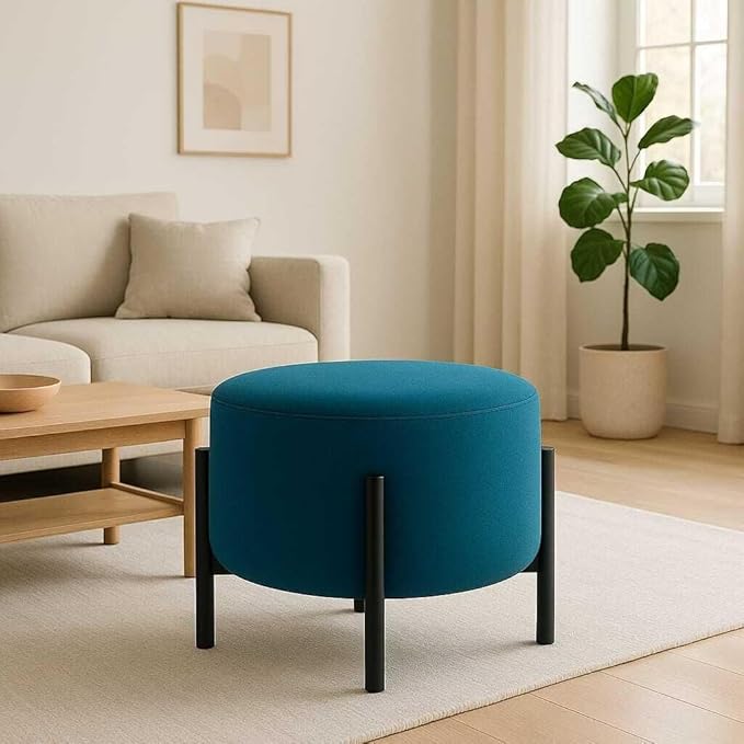 Jaico Modern Round Ottoman Footstool | Turquise Upholstered Pouf with Black Metal Legs, Minimalist Accent Stool for Living Room or Bedroom