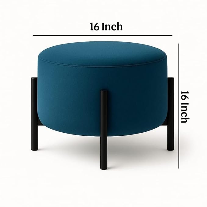 Jaico Modern Round Ottoman Footstool | Turquise Upholstered Pouf with Black Metal Legs, Minimalist Accent Stool for Living Room or Bedroom