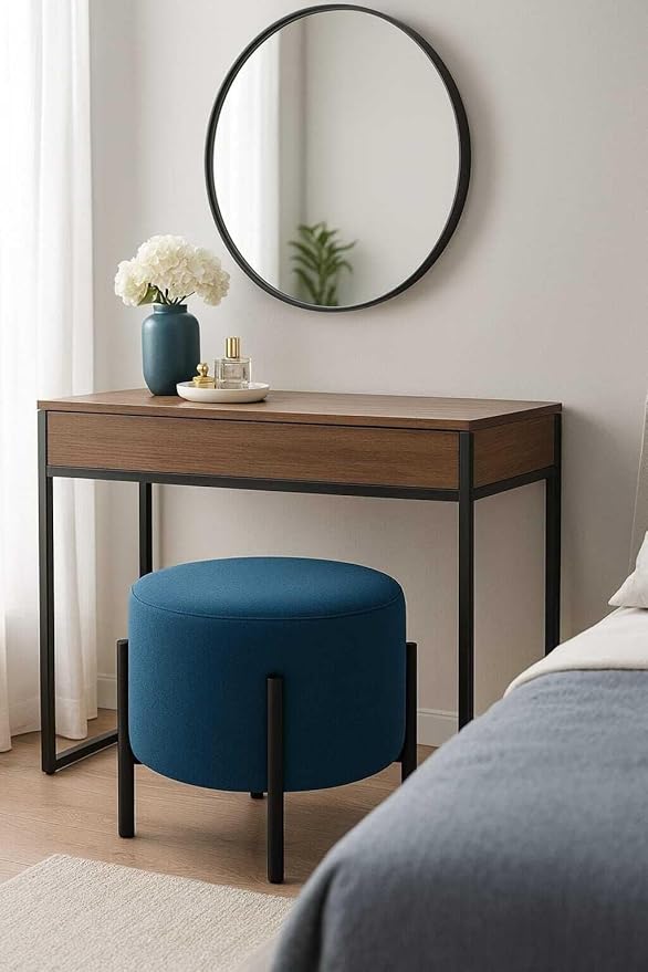Jaico Modern Round Ottoman Footstool | Turquise Upholstered Pouf with Black Metal Legs, Minimalist Accent Stool for Living Room or Bedroom