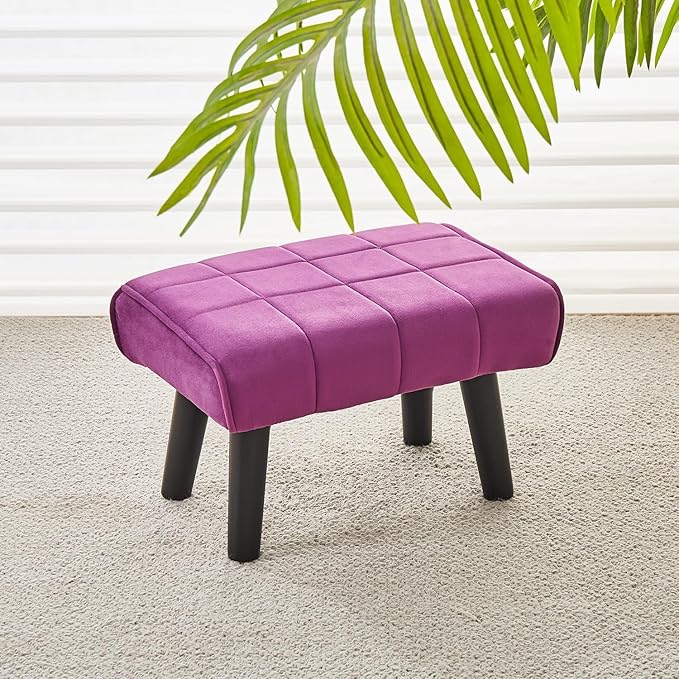 Modern Ottoman Footrest Stool, Quilted Velvet Upholstery, Black Wooden Legs, Living Room Furniture (Violet, Pack of 1, Rectangular)