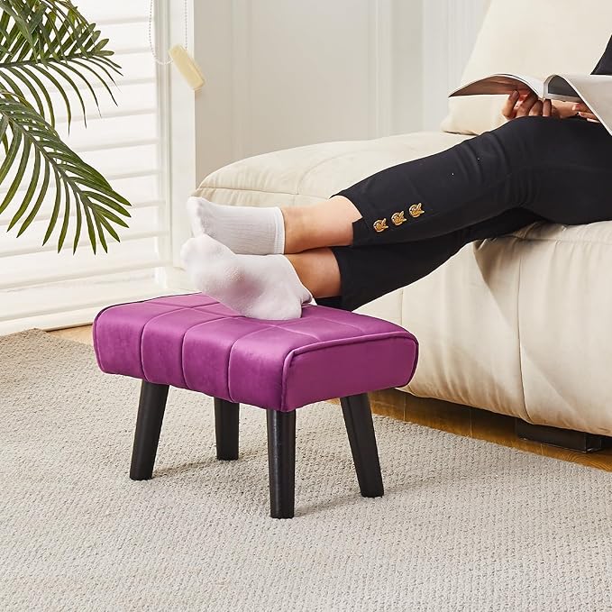 Modern Ottoman Footrest Stool, Quilted Velvet Upholstery, Black Wooden Legs, Living Room Furniture (Violet, Pack of 1, Rectangular)
