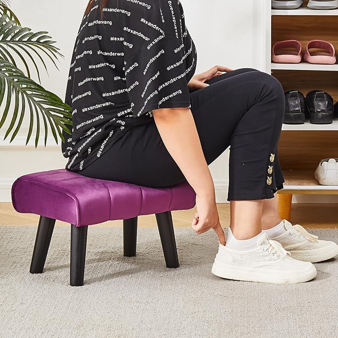 Modern Ottoman Footrest Stool, Quilted Velvet Upholstery, Black Wooden Legs, Living Room Furniture (Violet, Pack of 1, Rectangular)