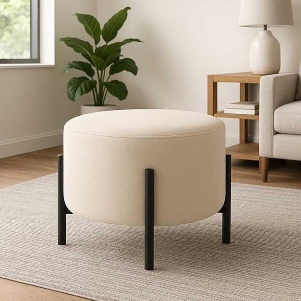 Jaico Modern Round Ottoman Footstool | White Upholstered Pouf with Black Metal Legs, Minimalist Accent Stool for Living Room or Bedroom