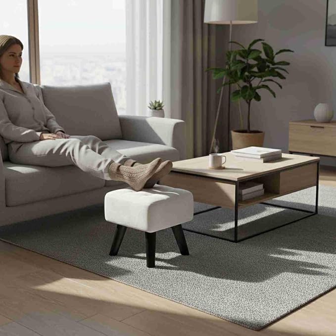 Luxurious Pouffes Home Decoration Ottoman Sitting Stool Soft Padded Foot Stool with Solid Wood Legs Sofa Footrest Additional Seating Couch in The Dressing Office and Living Room (White)