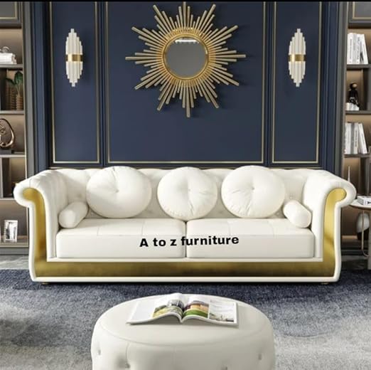 A to Z Furniture Teak Wood Classic 3+1+1=5 Seater Sofa Set Luxury Chesterfield Sofa for in Home Living Room and Office (White)