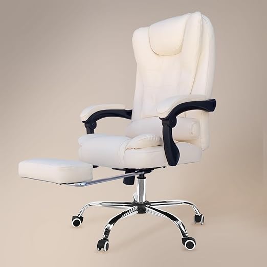 Kepler Brooks Italia Premium Leatherette Office Chair for Work | 3-Years Warranty | Boss Chair for Office, Ergonomic Executive Chair, Cushioned Arms & Seat, Leg Rest,Heavy Duty Metal Base (Off White)