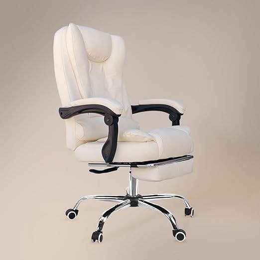 Kepler Brooks Italia Premium Leatherette Office Chair for Work | 3-Years Warranty | Boss Chair for Office, Ergonomic Executive Chair, Cushioned Arms & Seat, Leg Rest,Heavy Duty Metal Base (Off White)