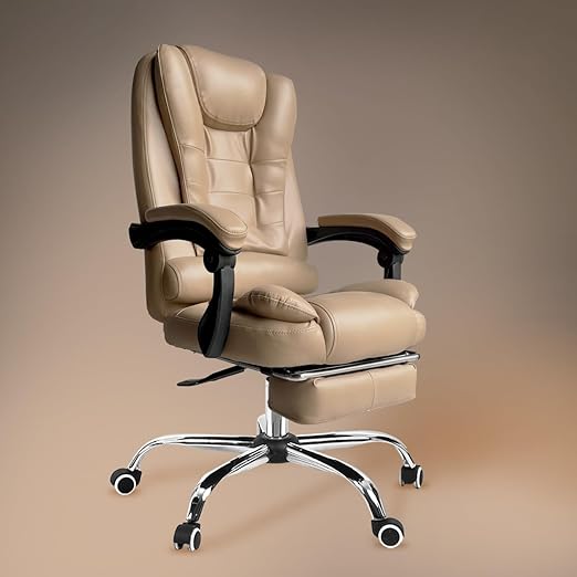 Kepler Brooks Italia Premium Leatherette Office Chair for Work | 3-Years Warranty | Boss Chair for Office, Ergonomic Executive Chair, Cushioned Arms & Seat, Leg Rest,Heavy Duty Metal Base (Almond)