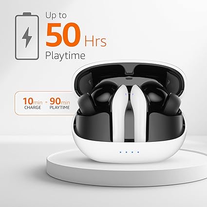 TWS in-Ear Earbuds (AB-T08) with Up to 50 Hours of Fast Charging | Dual 10mm Drivers | IPX4 Water-Resistance | Bluetooth 5.3 | Charging Case with Mic | Touch Control (White)