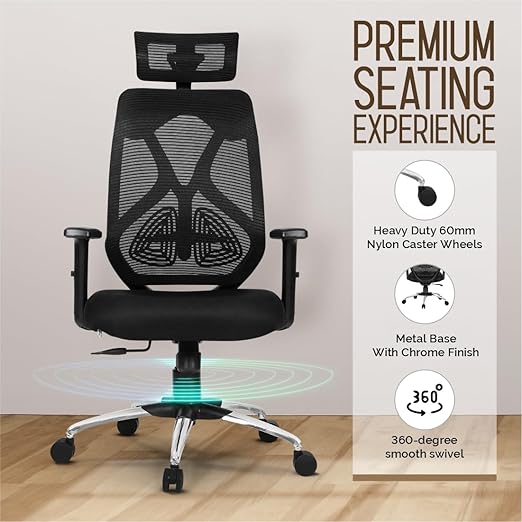 Merlion Office Chair, High Back Mesh Ergonomic Home Office Desk Chair with 3 Years Warranty, Adjustable Armrests, Adjustable Lumbar Support, Tilt Lock Mechanism (Black)