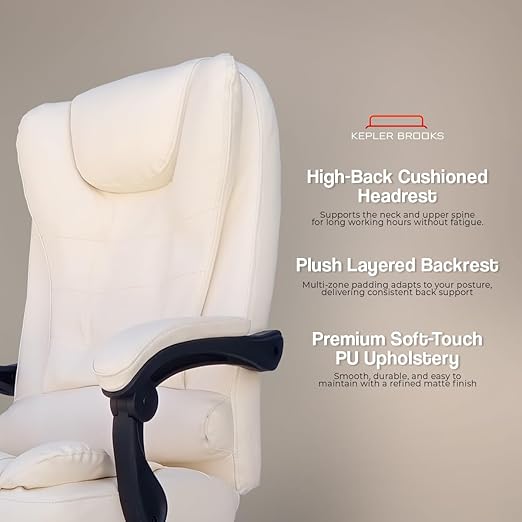 Kepler Brooks Italia Premium Leatherette Office Chair for Work | 3-Years Warranty | Boss Chair for Office, Ergonomic Executive Chair, Cushioned Arms & Seat, Leg Rest,Heavy Duty Metal Base (Off White)