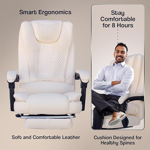 Kepler Brooks Italia Premium Leatherette Office Chair for Work | 3-Years Warranty | Boss Chair for Office, Ergonomic Executive Chair, Cushioned Arms & Seat, Leg Rest,Heavy Duty Metal Base (Off White)