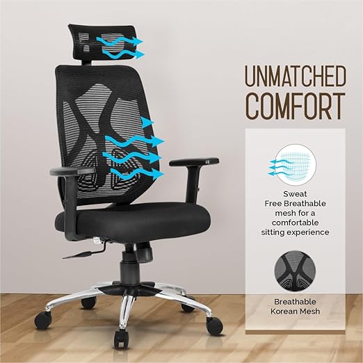 Merlion Office Chair, High Back Mesh Ergonomic Home Office Desk Chair with 3 Years Warranty, Adjustable Armrests, Adjustable Lumbar Support, Tilt Lock Mechanism (Black)