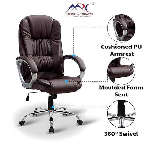 MRC M061 Ergonomic High Back Premium Leatherette Office Chair with Fixed Armrest, Heavy Duty Chrome Base, | Home Office Desk Chair, 3 Years Warranty, Pre-Assembled (Brown)