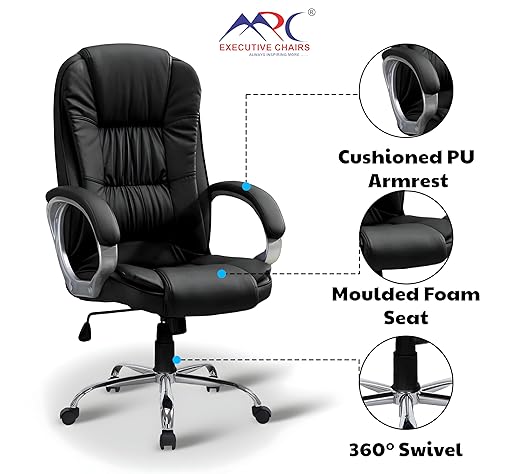 MRC EXECUTIVE CHAIRS ALWAYS INSPIRING MORE M061 Ergonomic Leatherette High Back Office Chair, Heavy Duty Chrome Base, Home Office Desk Chair, 3 Years Warranty, Pre-Assembled (Black)