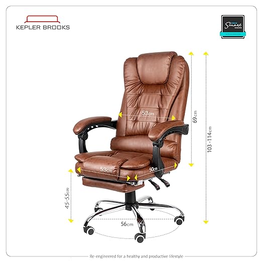 Kepler Brooks Italia Premium Leatherette Office Chair for Work | 3 Year Warranty | Boss Chair for Office, Ergonomic Executive Chair, Cushioned Arms & Seat, Leg Rest, Heavy Duty Metal Base (Brown)