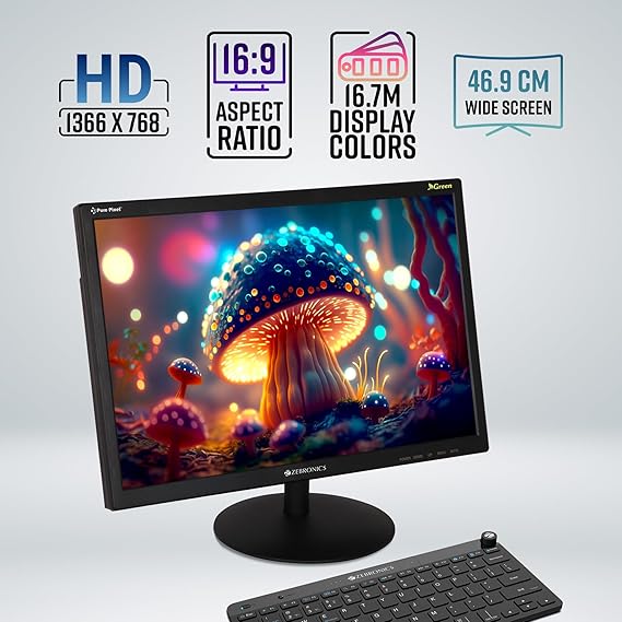 ZEBRONICS Zeb-V19Hd 18.5 Inch (46.99 cm) Led Monitor with Supporting Hdmi, Vga Input, Hd 1366 X 768 Pixels, 16.7M Colors, Glossy Panel, Slim Design and Wall Mountable, Black