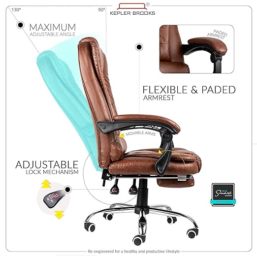 Kepler Brooks Italia Premium Leatherette Office Chair for Work | 3 Year Warranty | Boss Chair for Office, Ergonomic Executive Chair, Cushioned Arms & Seat, Leg Rest, Heavy Duty Metal Base (Brown)