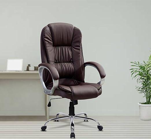 MRC M061 Ergonomic High Back Premium Leatherette Office Chair with Fixed Armrest, Heavy Duty Chrome Base, | Home Office Desk Chair, 3 Years Warranty, Pre-Assembled (Brown)