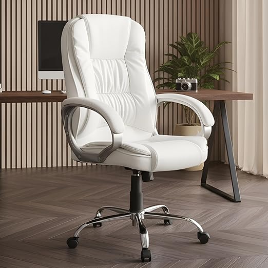 MRC M061 Ergonomic High Back Premium Leatherette Office Chair with Fixed Armrest, Heavy Duty Chrome Base, | Home Office Desk Chair, 3 Years Warranty, Pre-Assembled (White)
