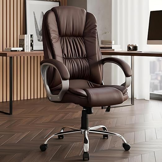 MRC M061 Ergonomic High Back Premium Leatherette Office Chair with Fixed Armrest, Heavy Duty Chrome Base, | Home Office Desk Chair, 3 Years Warranty, Pre-Assembled (Brown)