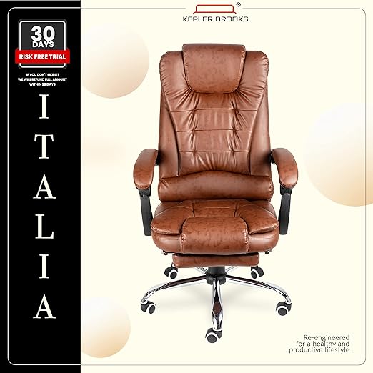 Kepler Brooks Italia Premium Leatherette Office Chair for Work | 3 Year Warranty | Boss Chair for Office, Ergonomic Executive Chair, Cushioned Arms & Seat, Leg Rest, Heavy Duty Metal Base (Brown)